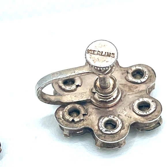 Vintage Sterling Silver Screw on Earrings. Blue Rhinestones in Flower Design - Picture 3 of 5